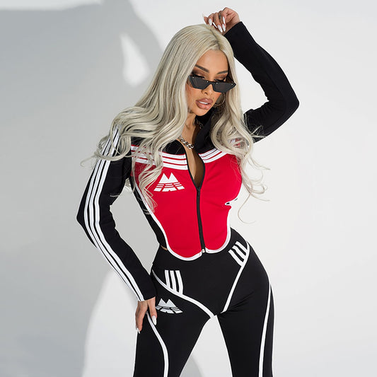 Black and Red High Waist Slim Zipper Yoga Suits Insane Dress