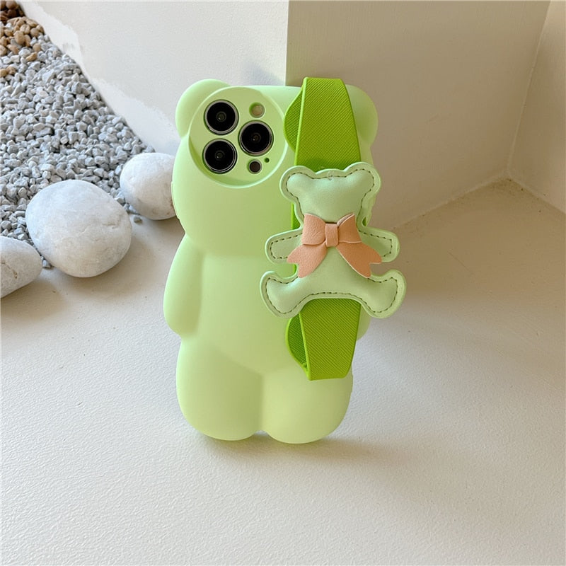 Cute Bear Strap Case for iPhone Green Bear Insane Dress