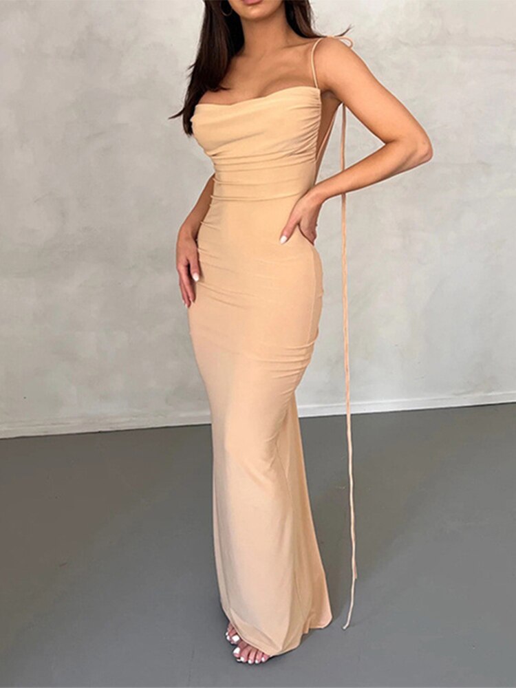 Ruched Backless Bodycon Maxi Dress Apricot Insane Dress