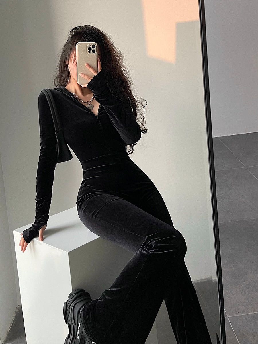 Black Velvet Slim Hooded Zipper Long Sleeve Jumpsuit Insane Dress