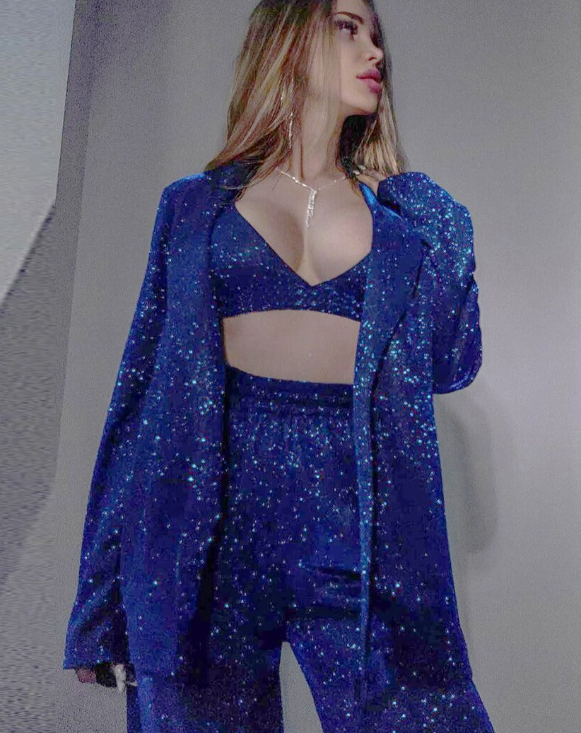 Completo Giada top e pantalone morbido glitter Blue China Insane Dress