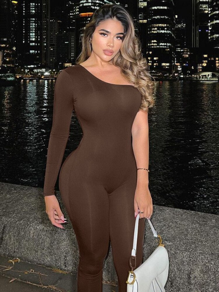 One Shoulder Jumpsuits Brown Insane Dress