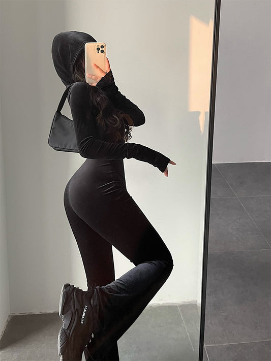 Black Velvet Slim Hooded Zipper Long Sleeve Jumpsuit Insane Dress