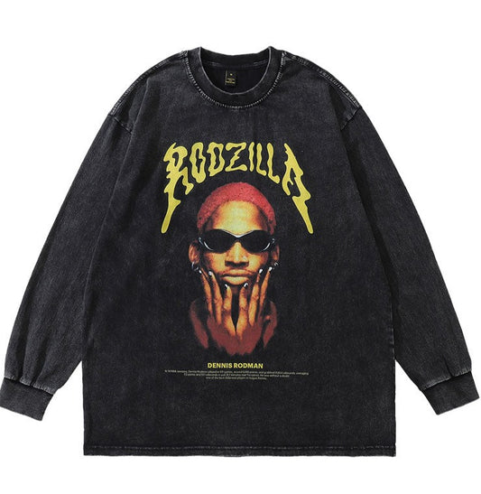 T-Shirts Hip Hop Rodman Print Long Sleeve Distressed uomo Black Insane Dress