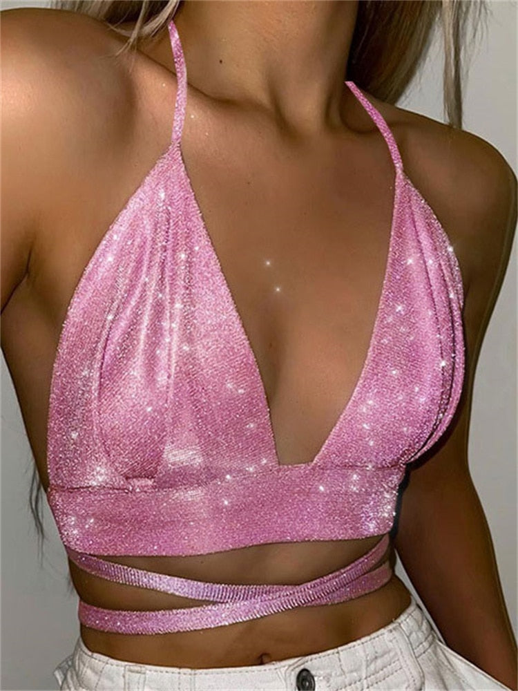 Top glitter donna triangolo stringato Pink Insane Dress