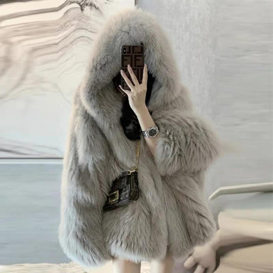 Fur Coat Imitation Fox Hair Hooded Jackets Gray Insane Dress