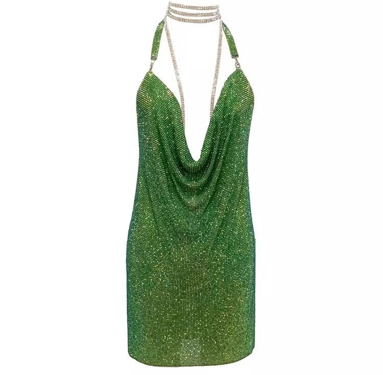 Abito corto Metal strass lux scollato Green Insane Dress