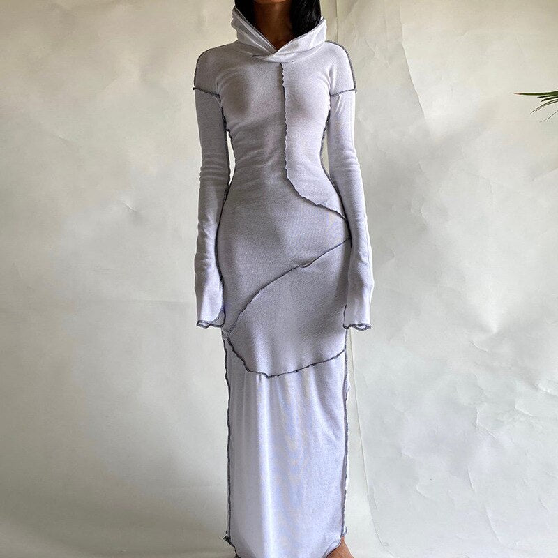 Long Sleeve Hooded Skinny Maxi Dress CN White 1 Insane Dress