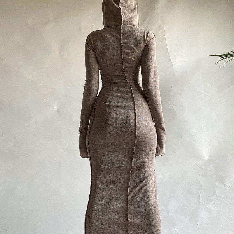 Long Sleeve Hooded Skinny Maxi Dress Insane Dress