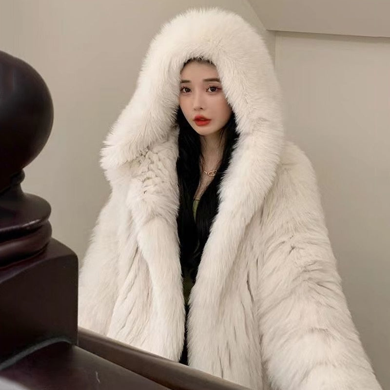 Faux Fur Hooded Coat Streetwear High Quality Furry Jacket Beige Insane Dress