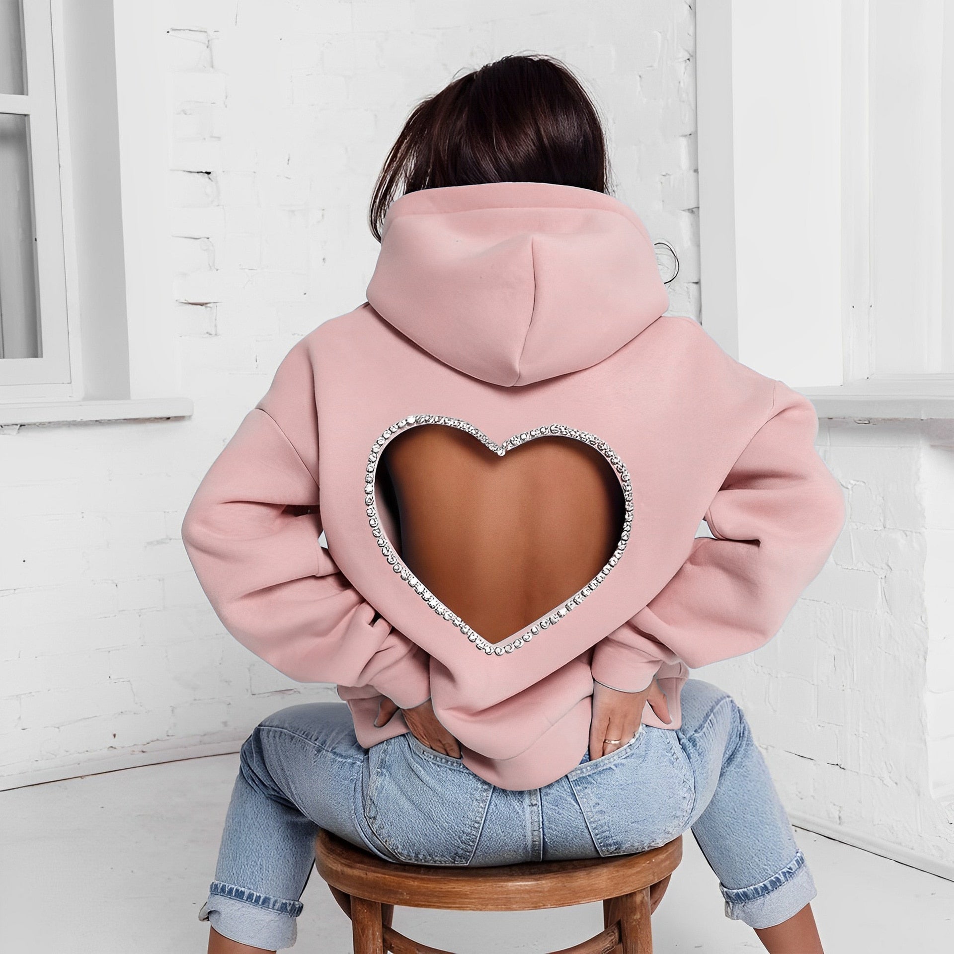 Diamonds Splicing Sweet Love Oversized Hooded Sweatshirt Pink Insane Dress