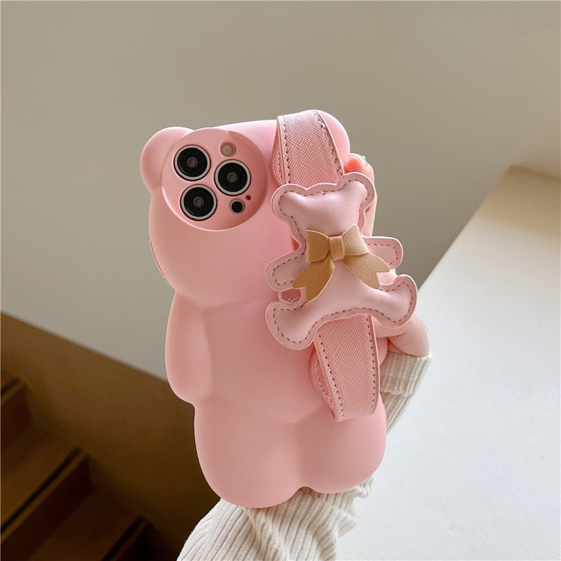 Cute Bear Strap Case for iPhone Pink Bear Insane Dress