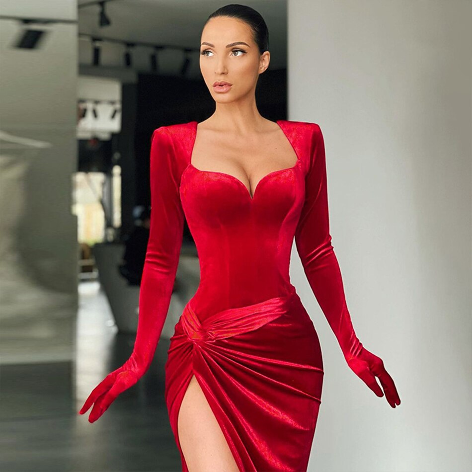 Abito lungo velvet Leona scollato con spacco Red Club Dress Insane Dress