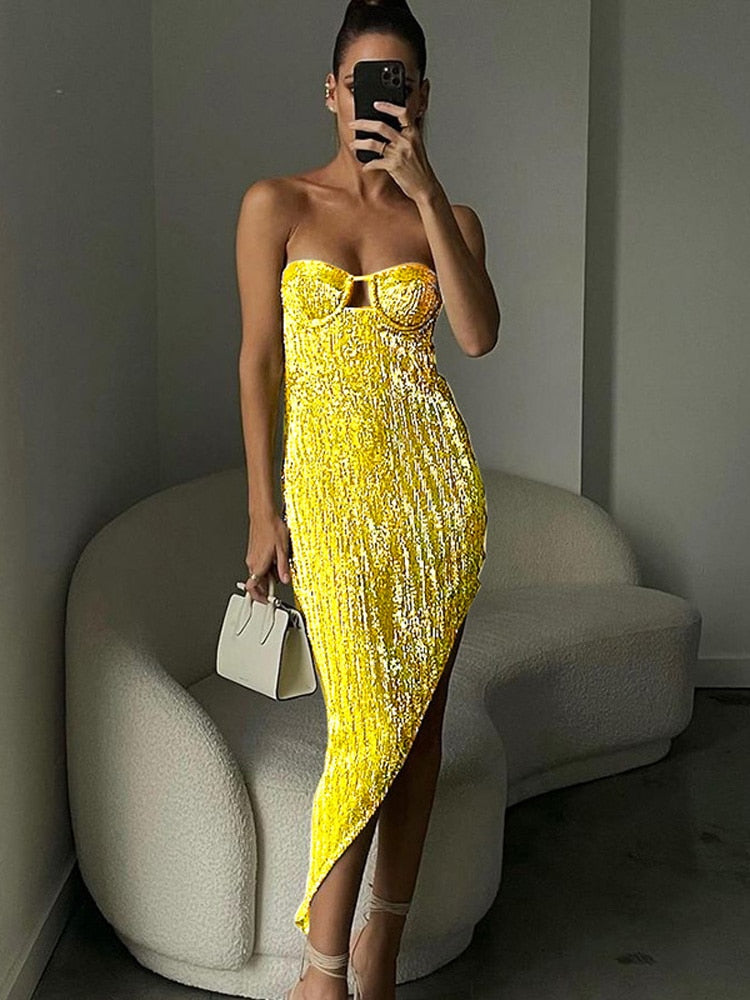 Abito lungo lemon donna paillettes spacco alto Insane Dress