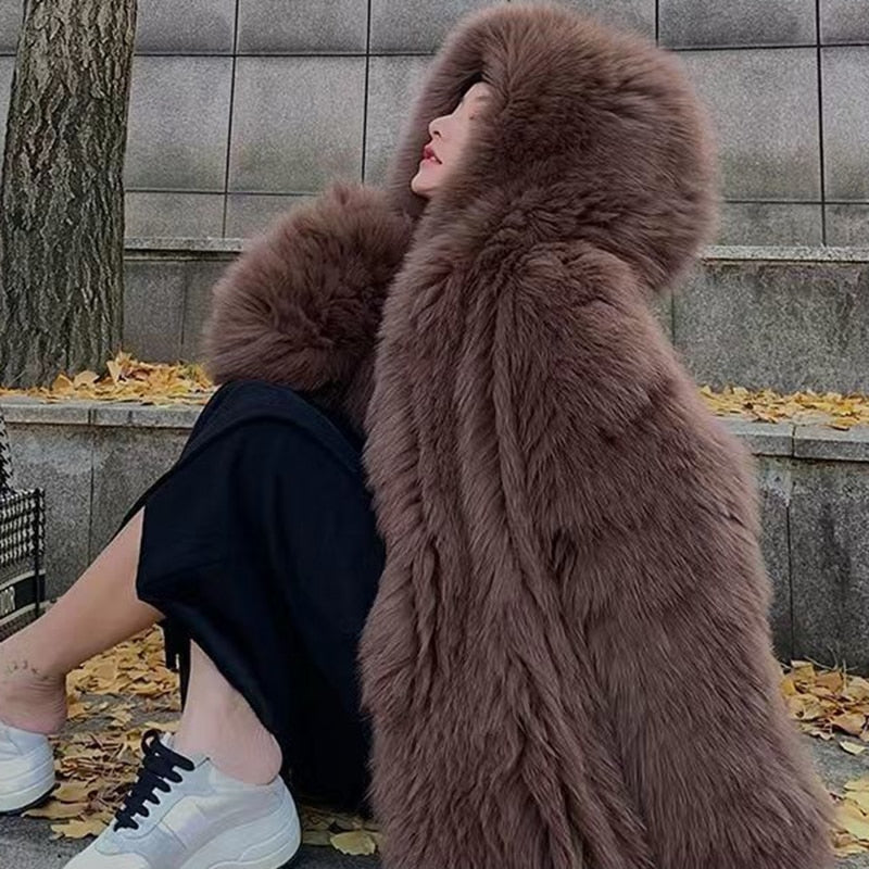 Faux Fur Hooded Coat Streetwear High Quality Furry Jacket Auburn Insane Dress