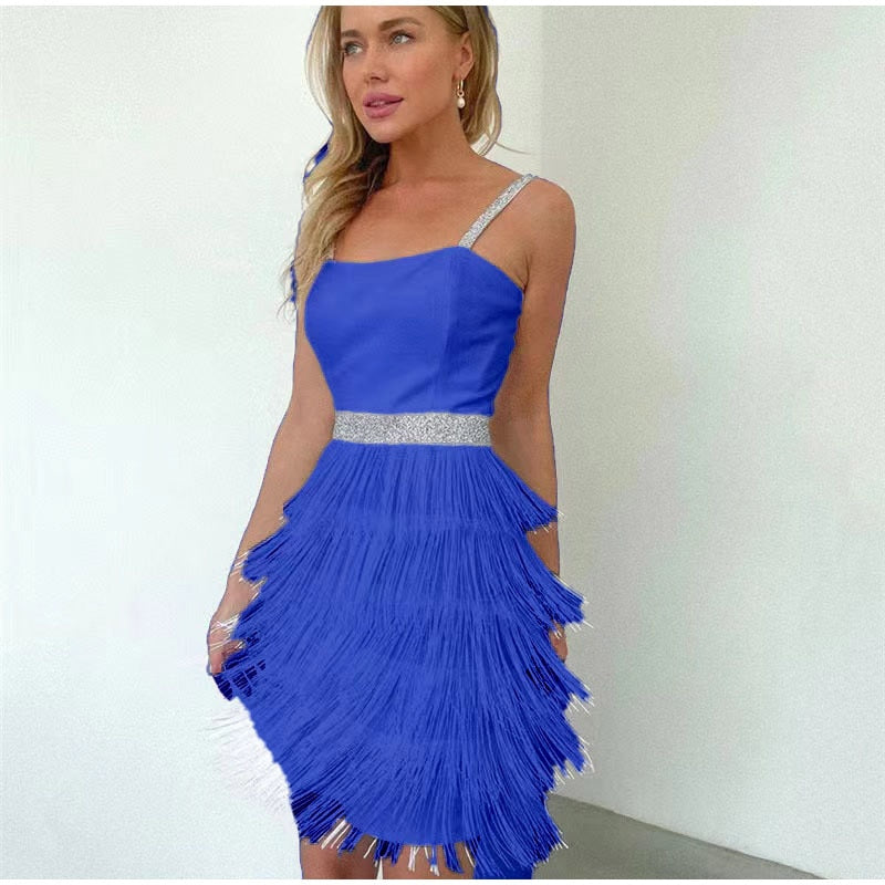 Abito Ramona donna frange con dettagli glitter Blue Insane Dress