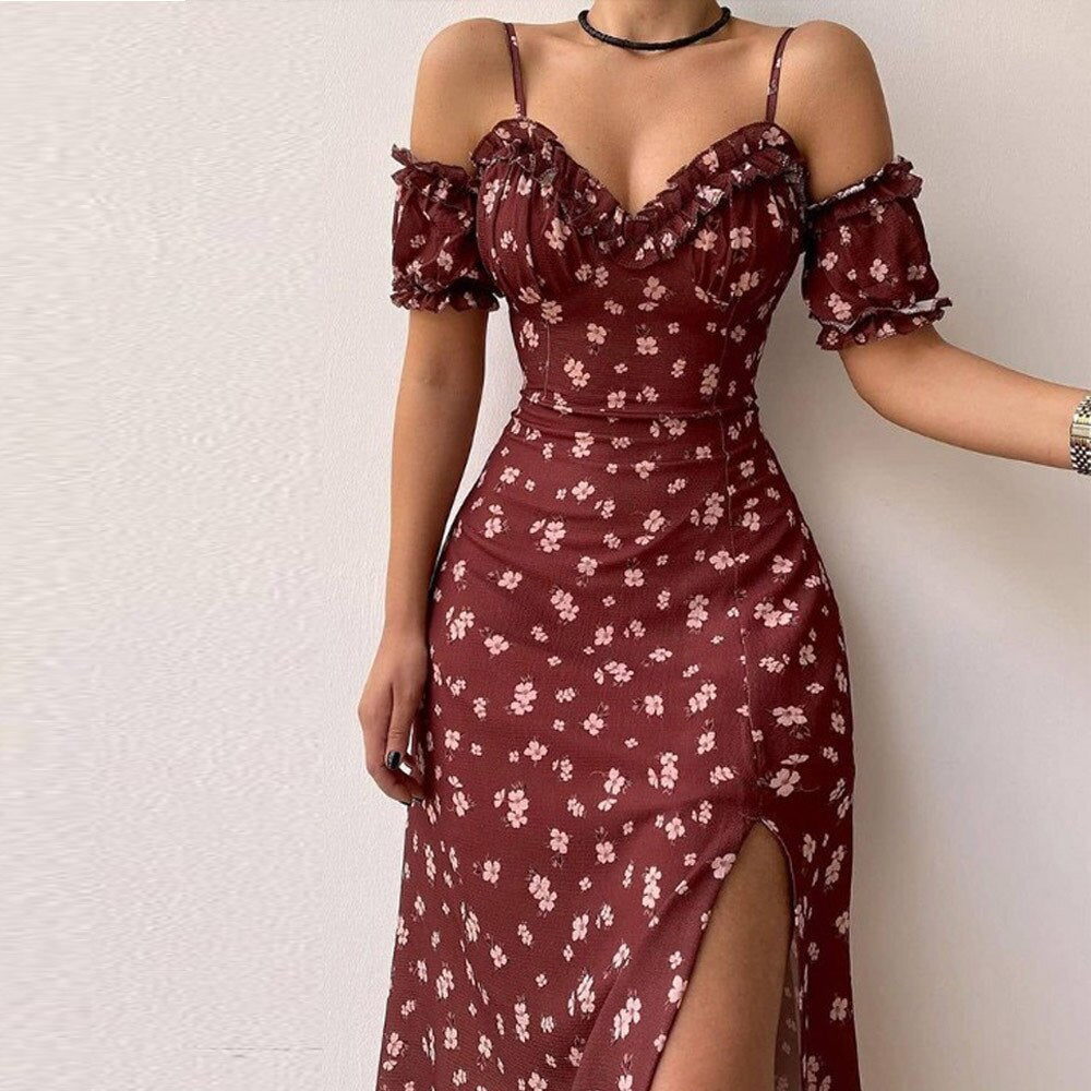 Abito donna lungo fiorellini scollato Davida Claret Insane Dress