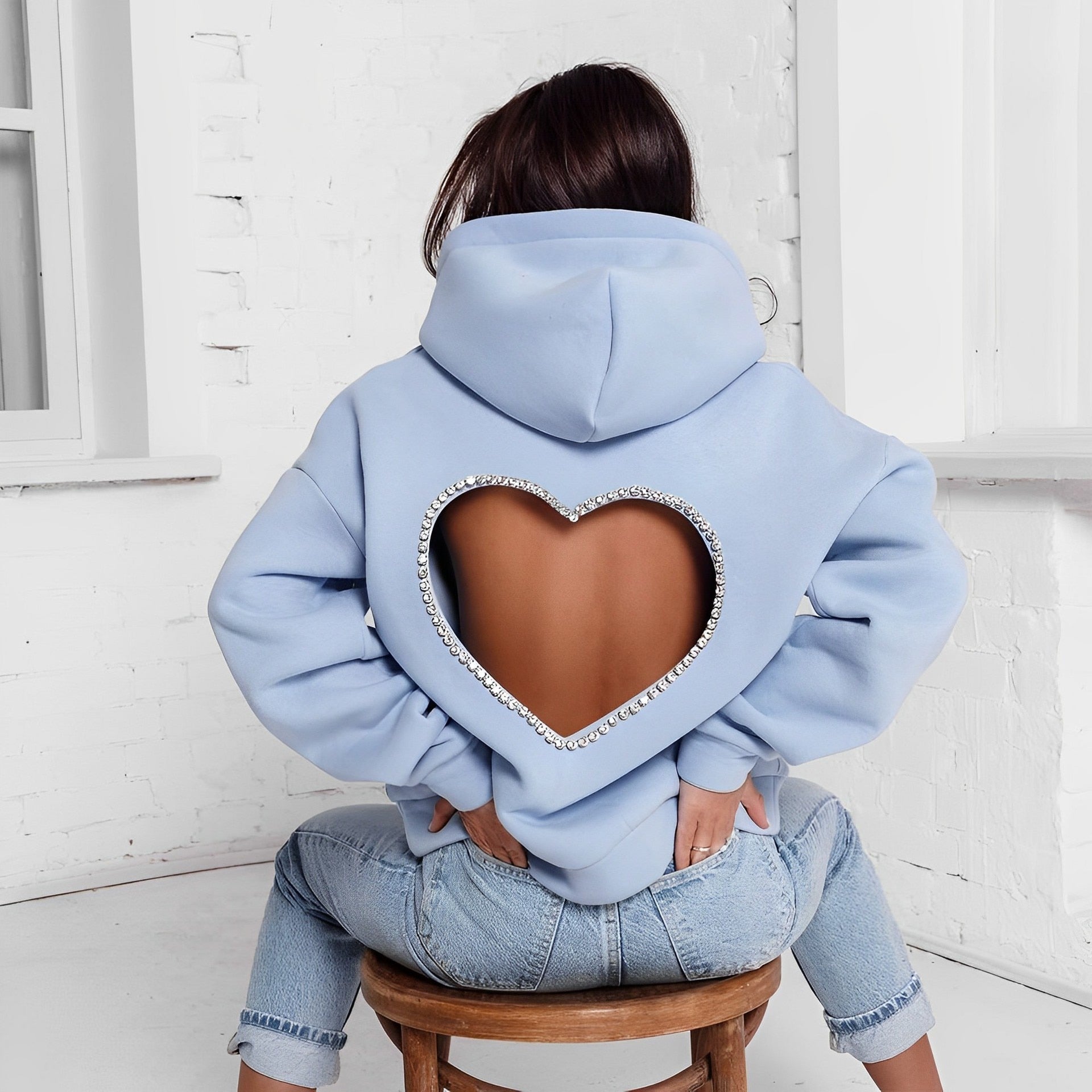 Diamonds Splicing Sweet Love Oversized Hooded Sweatshirt Light Blue Insane Dress