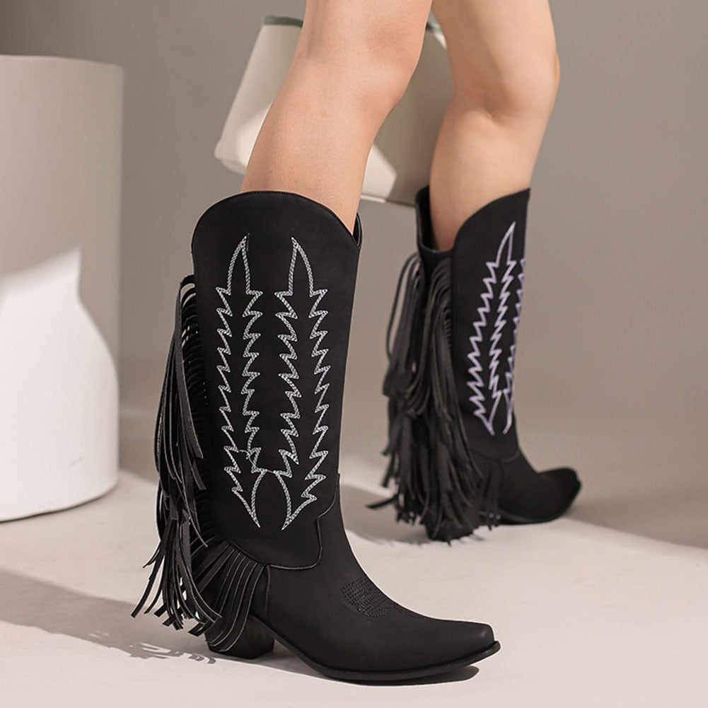 Fringes Zipper Vintage Western Cowboy Boots Black 1 Insane Dress