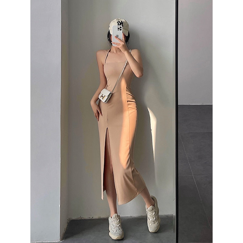 Slim Dress Solid Color Side Slit Sleeveless shallow khaki Insane Dress