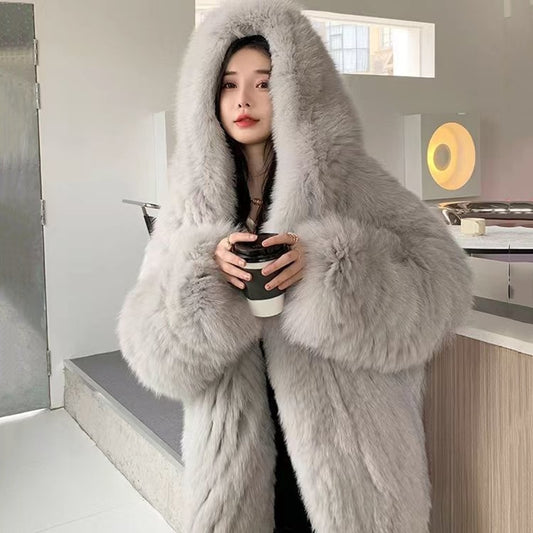 Faux Fur Hooded Coat Streetwear High Quality Furry Jacket Light Grey Insane Dress