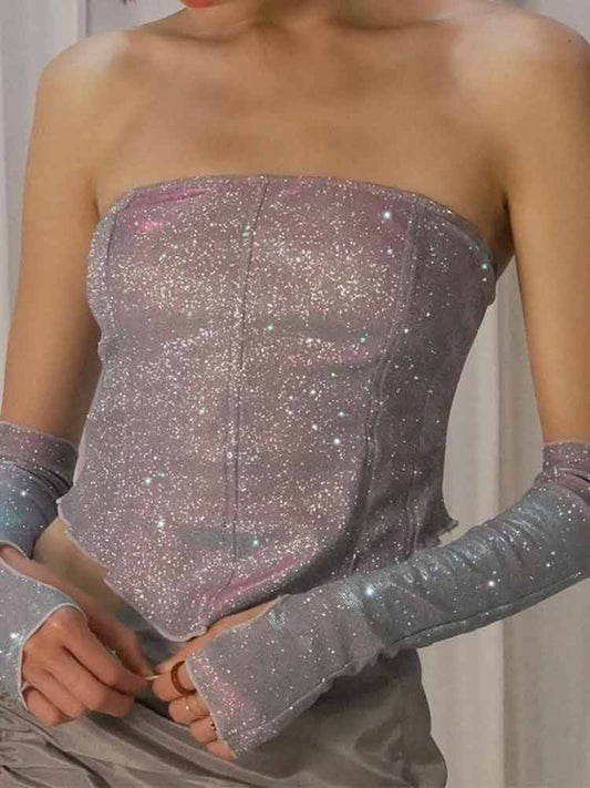 Crop Top Glitter Off Shoulder with glove Pink Insane Dress