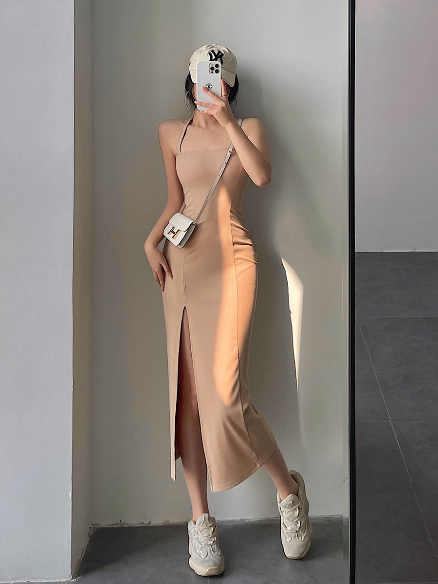Slim Dress Solid Color Side Slit Sleeveless Insane Dress