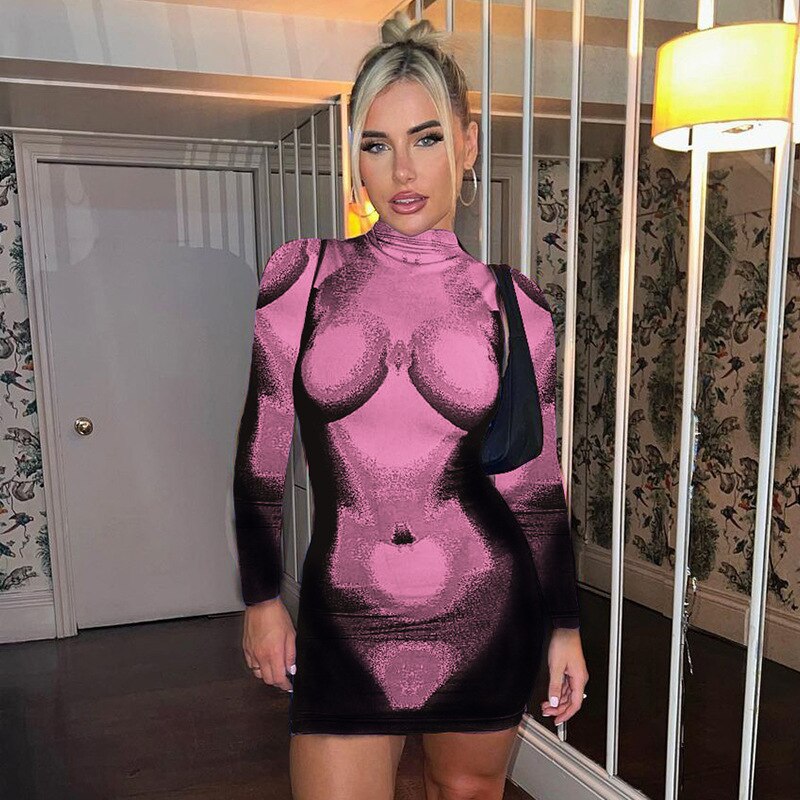 Long Sleeve 3D Printed Bodycon Mini Dress Rose Red CN Insane Dress