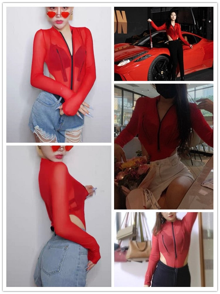 Bodysuits Tops Red Mesh High Waist Insane Dress