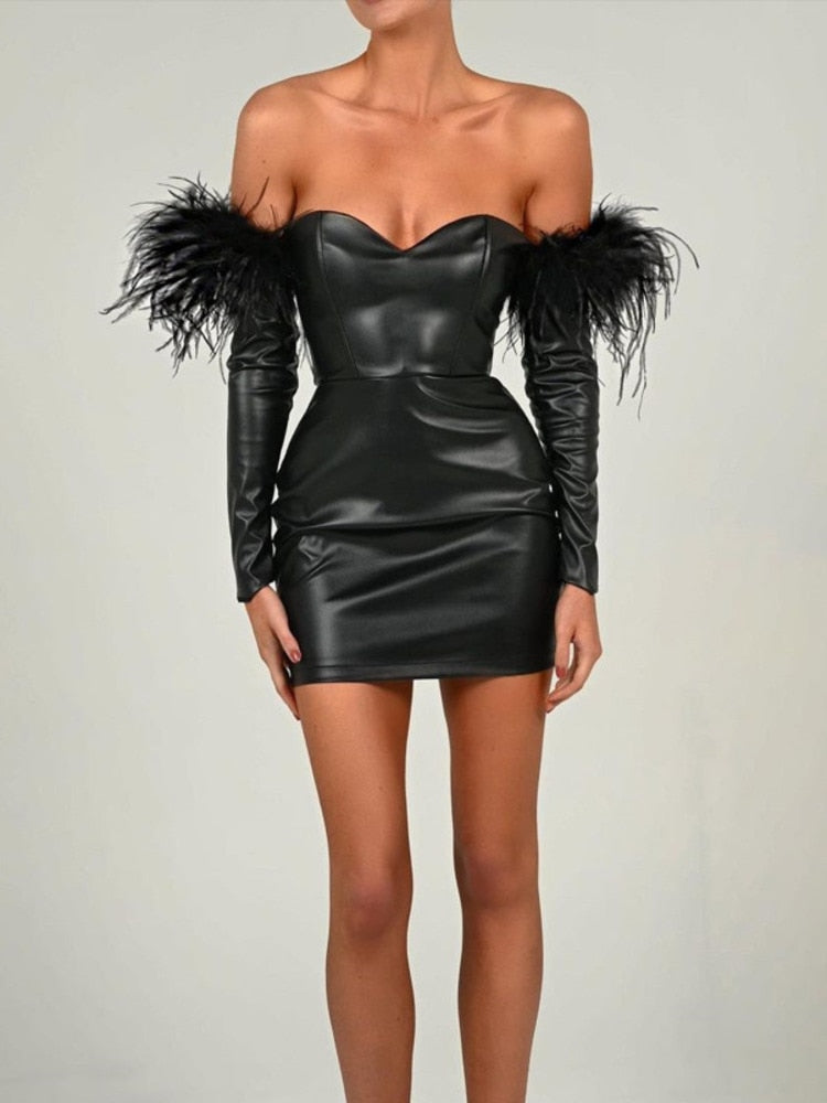 Off-shoulder PU Leather Mini Dress Insane Dress