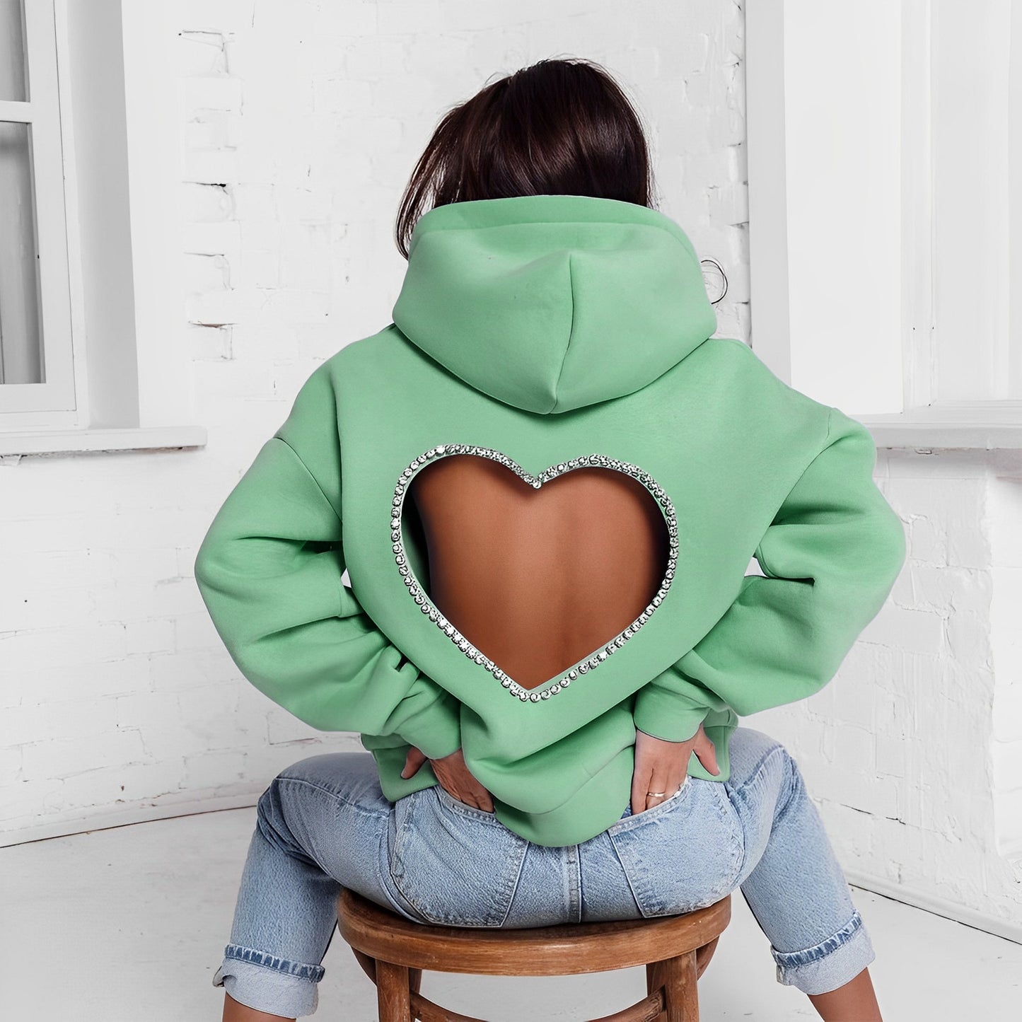 Diamonds Splicing Sweet Love Oversized Hooded Sweatshirt Green Insane Dress