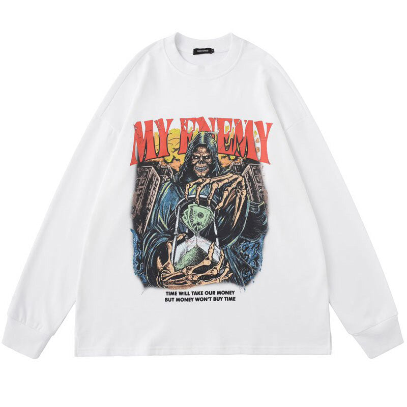 Felpa vintage manica lunga My Enemy skull unisex uomo White Insane Dress