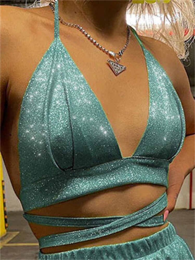 Top glitter donna triangolo stringato Green Insane Dress