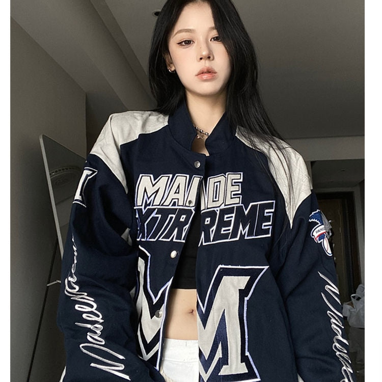 Bomber Varsity Jacket American Racing Hip Hop Vintage Dark blue Insane Dress