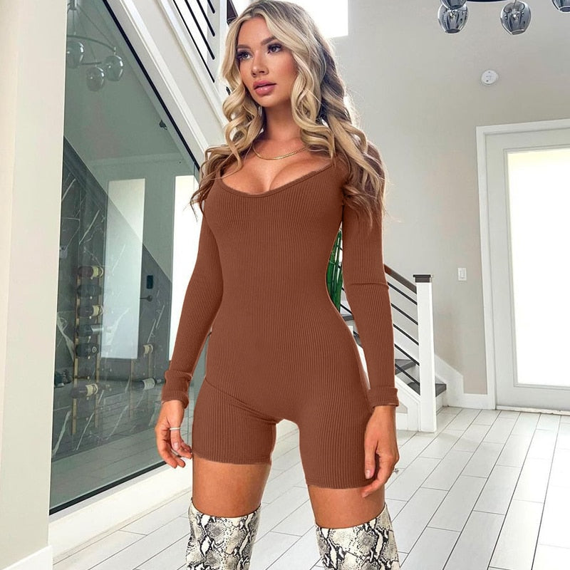 Solid Ribbed Long Sleeve Playsuit Skinny Bodycon tutina donna Insane Dress