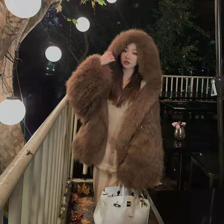 Fur Coat Imitation Fox Hair Hooded Jackets Dark Brown Insane Dress