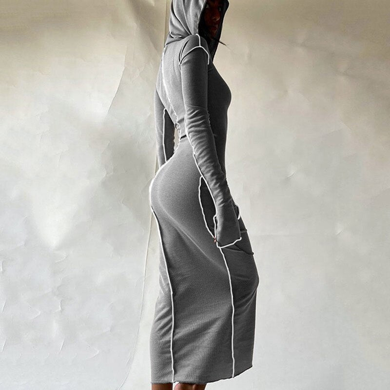 Long Sleeve Hooded Skinny Maxi Dress CN Gray Insane Dress