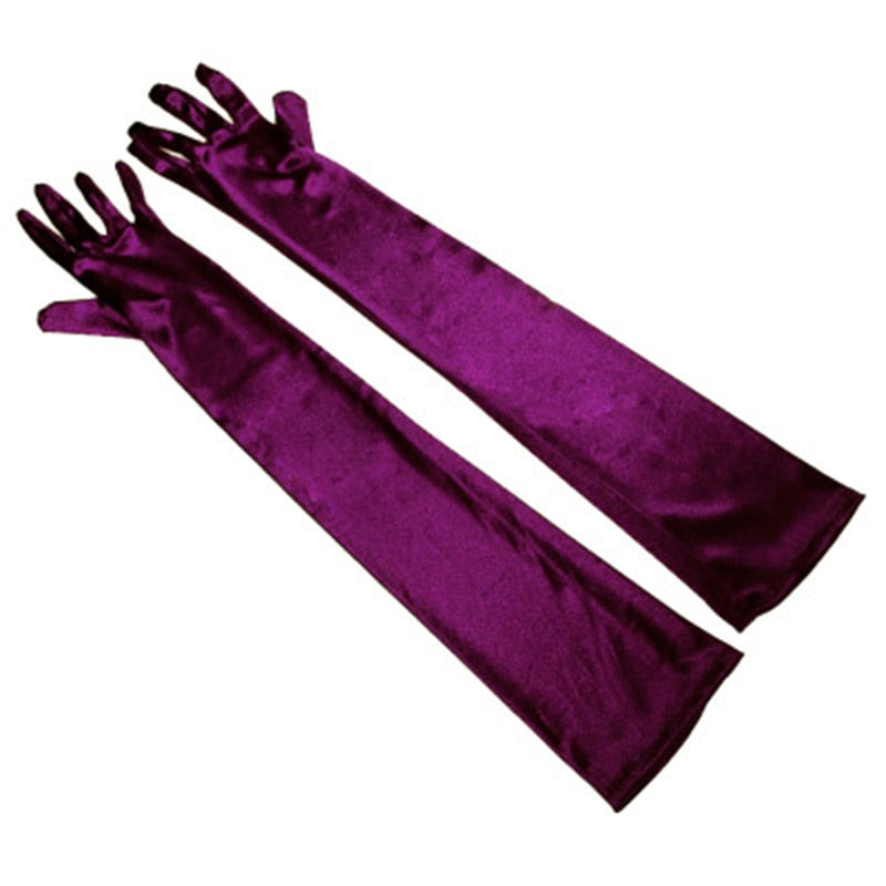 Long Satin Elastic Etiquette Gloves Dark Purple One Size Insane Dress