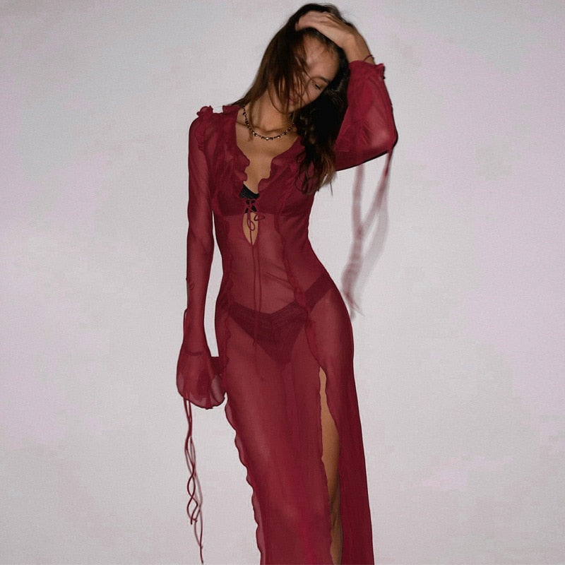 Abito mesh ruffle donna scollato lungo Burgundy Insane Dress