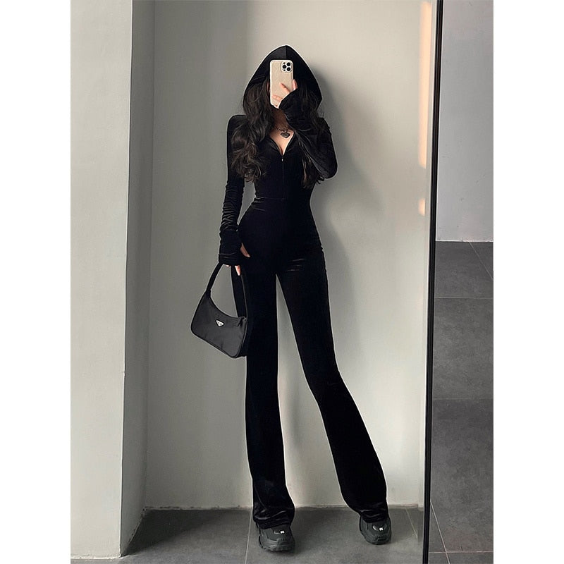 Black Velvet Slim Hooded Zipper Long Sleeve Jumpsuit Black Insane Dress