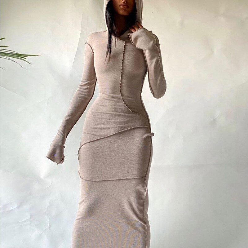 Long Sleeve Hooded Skinny Maxi Dress CN Khaki 1 Insane Dress