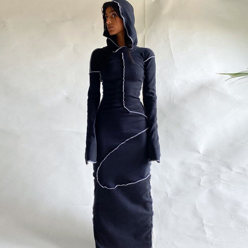 Long Sleeve Hooded Skinny Maxi Dress CN Black Insane Dress