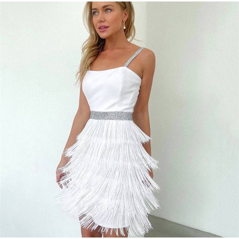 Abito Ramona donna frange con dettagli glitter White Insane Dress