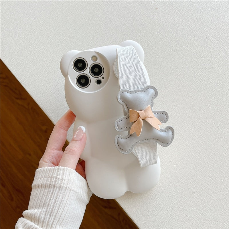 Cute Bear Strap Case for iPhone White Bear Insane Dress