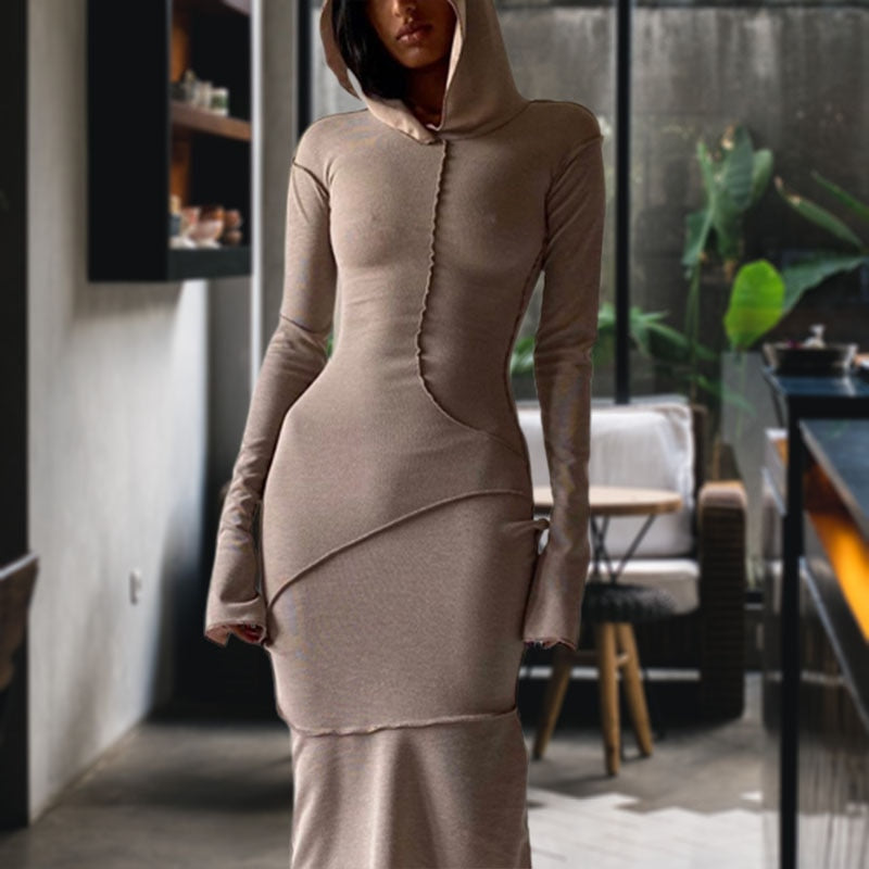 Long Sleeve Hooded Skinny Maxi Dress Insane Dress