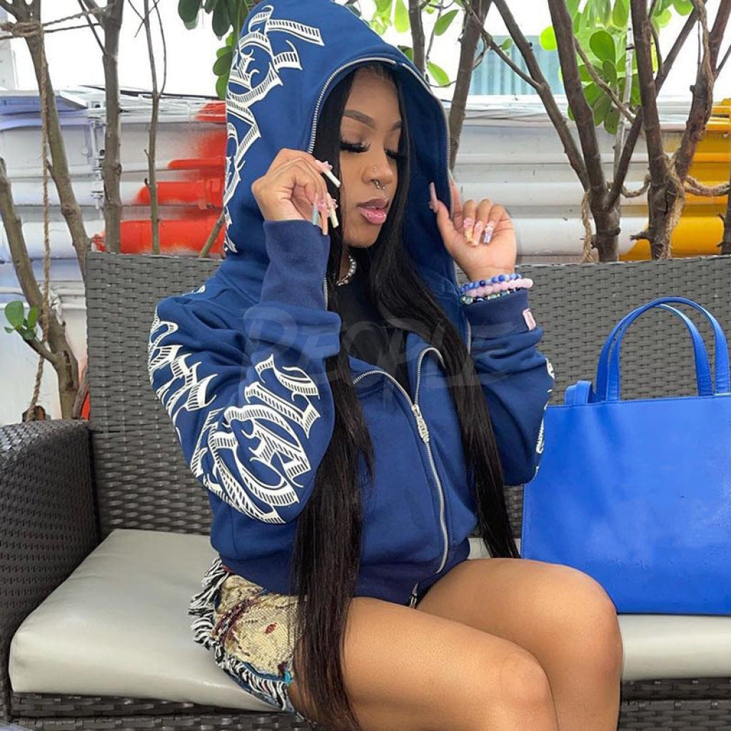 Printed Zip Up Hoodie Blue MUST HAVE